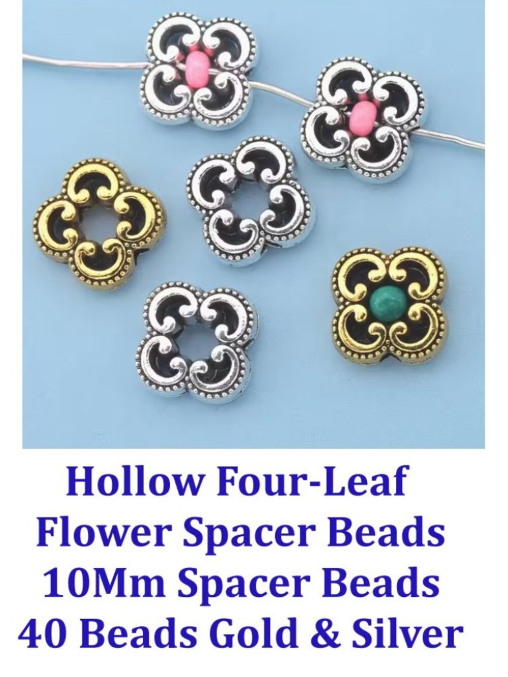 Hollow Four-Leaf Flower Spacer Beads, 10Mm Square Loose Spacer Beads 40pcs